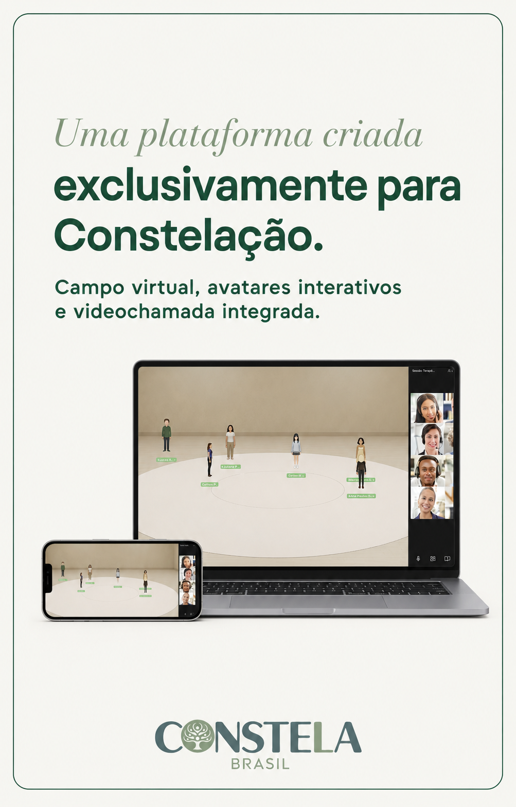 Plataforma Constela Brasil apresentada no notebook e no celular, com campo virtual e participantes em videochamada